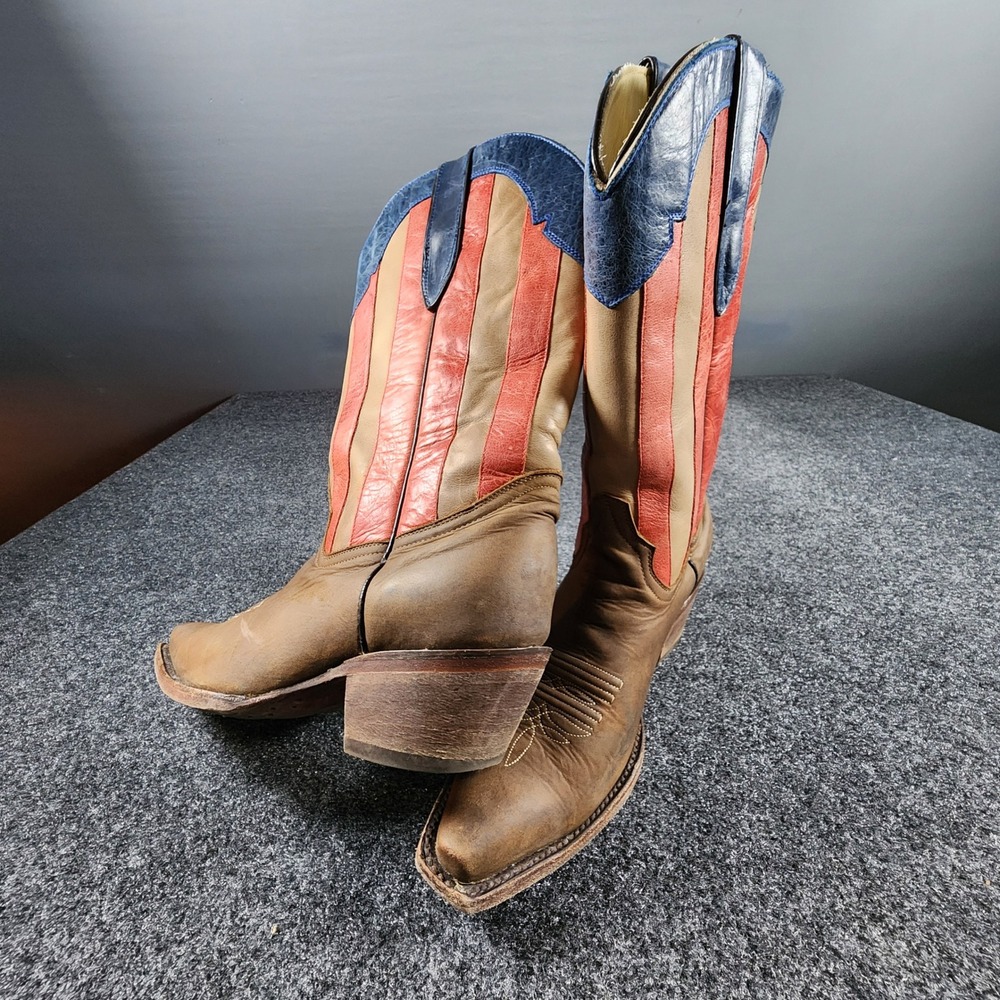 Rockin Leather Cowboy Boots Womens 9B Brown American Flag Patriotic Snip Toe
